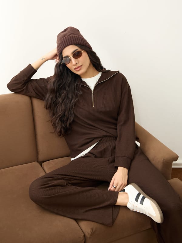 Waffle Zip Yoke Detail Co-Ord Set — Femmella