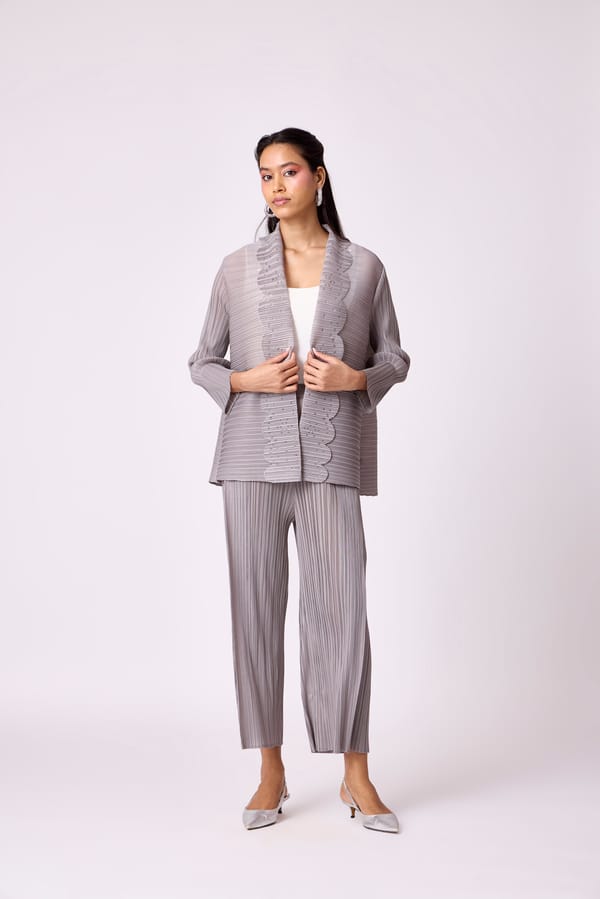 Grey Pleated Jacket and Wide-Leg Pants Co-ord Set — Scarlet Sage