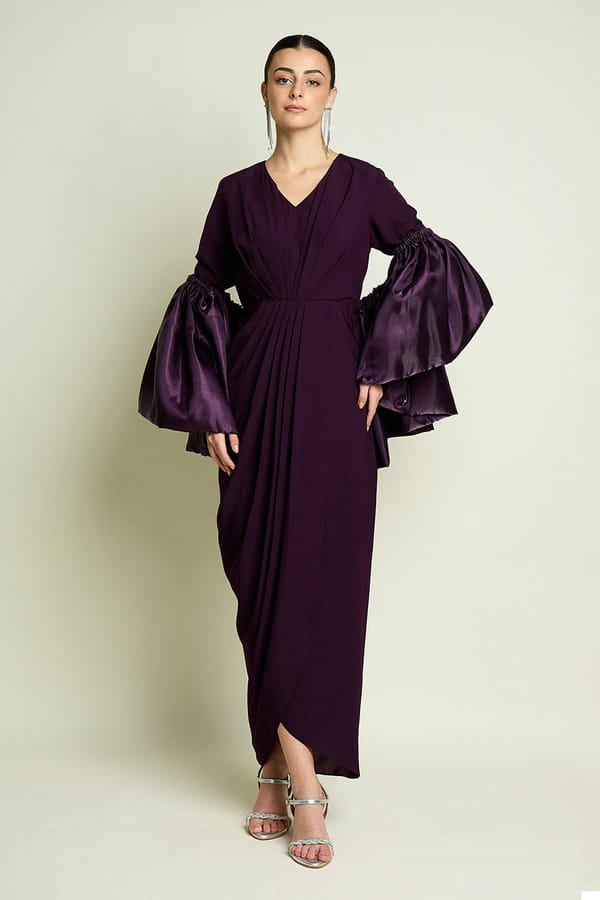 Purple Draped Dress With Metallic Shrug — Aakaar
