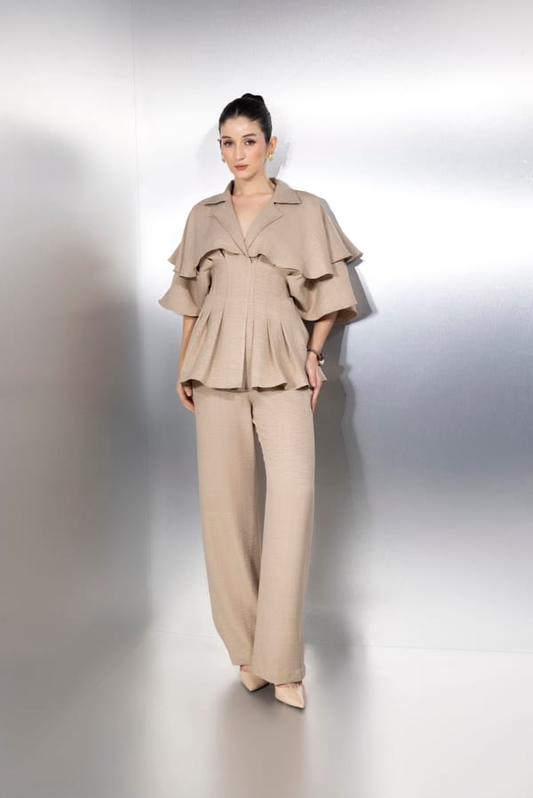 Cape-Sleeve Pleated Linen Pantsuit — KAYJAY BY KRITIKA JAIN