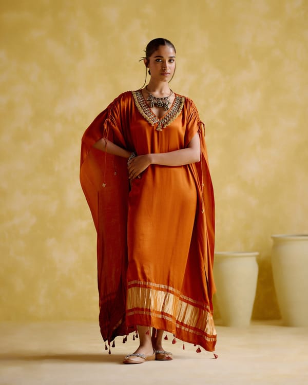 Orange Maxi Kaftan with Embellished V-Neck — 5 Elements