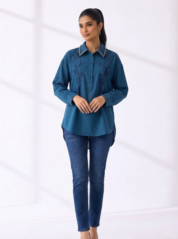 Blue Embroidered Collared Button-Front Shirt — THE LUXURY DRESSING