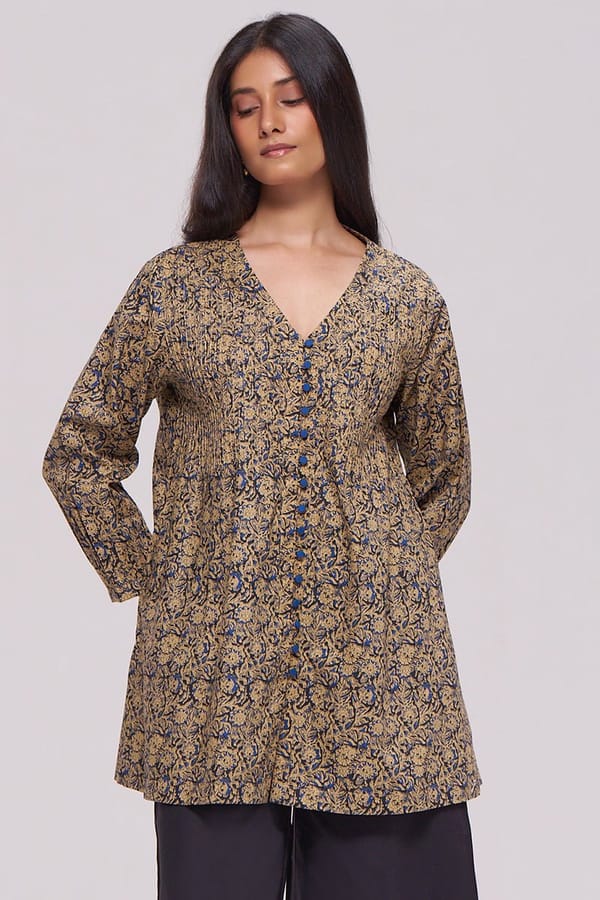 Black/Blue Kalamkari Look Print Cambric Cotton Tunic Top — Ganga Fashions Pvt Ltd