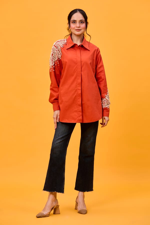Rust pearl & sequins shirt — REVIKA AGGARWAL