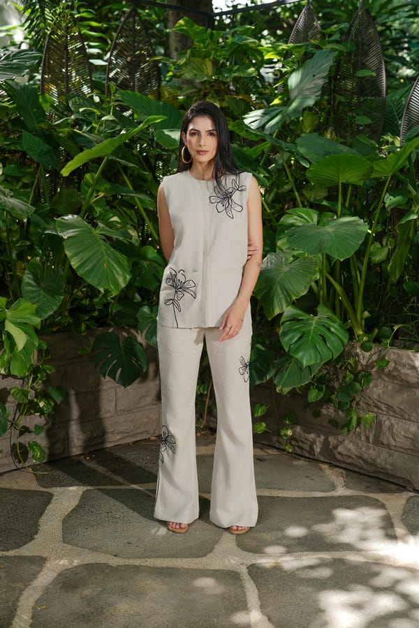 Natural Linen Sleeveless A-Line Top with Embroidery — Akirah