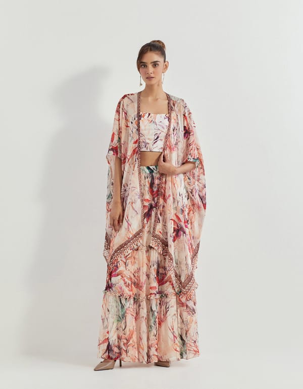 Pink Printed Cape, Bustier and Tiered Maxi Skirt Co-ord Set — Kavita Bhartia