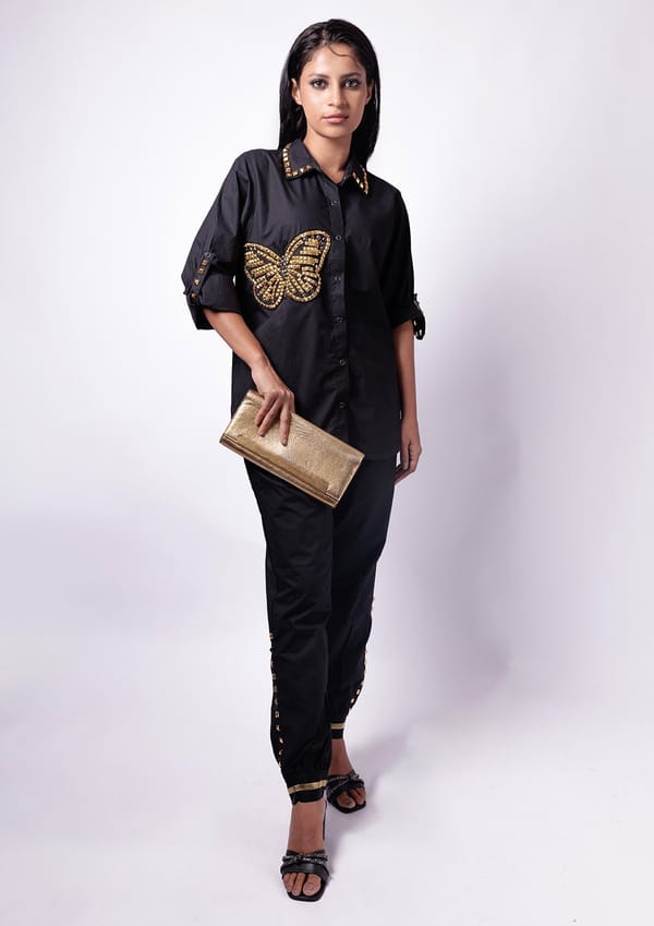 Black Comfort Fit Cotton Shirt with Pockets and Studwork — Richa Goenka