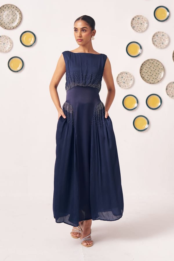 Navy Blue Embellished Fit and Flare Maxi Dress — Western Era