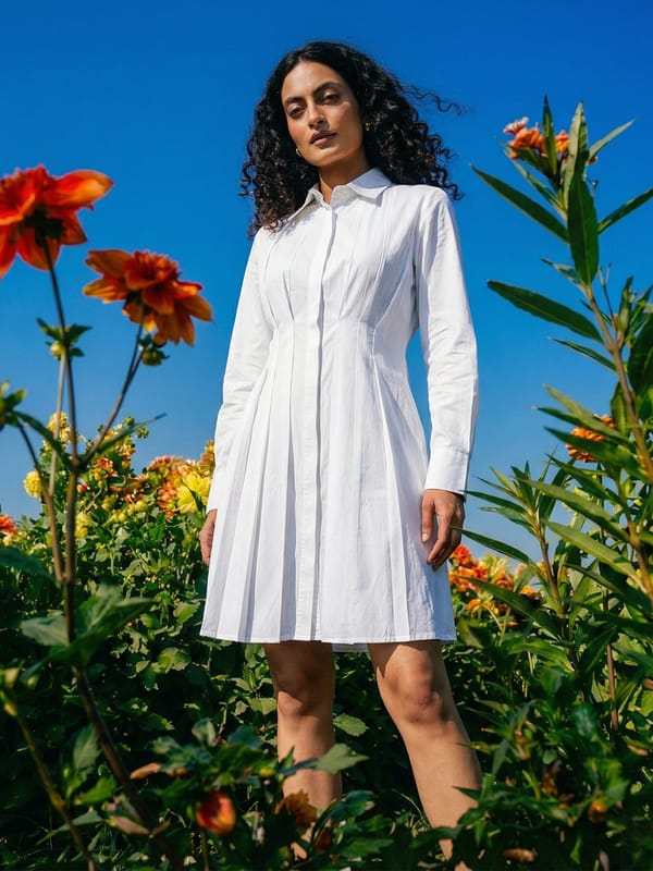 Pearl White Pleated Cotton Twill Shirt Mini Dress — HOUSE OF FETT