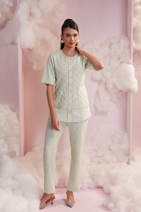 Mint Green Pearl Lattice Shirt and Pants Co-ord Set — Simar Tuli