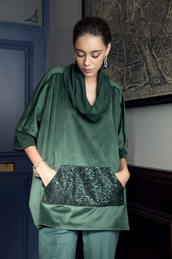 Emerald Green Velvet Co-ord Set with Sequin Pocket — Rhe-Ana