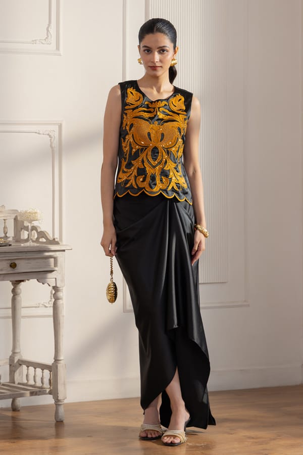 Gold Hand Embroidered Draped Skirt Set — BOHO-CHIC