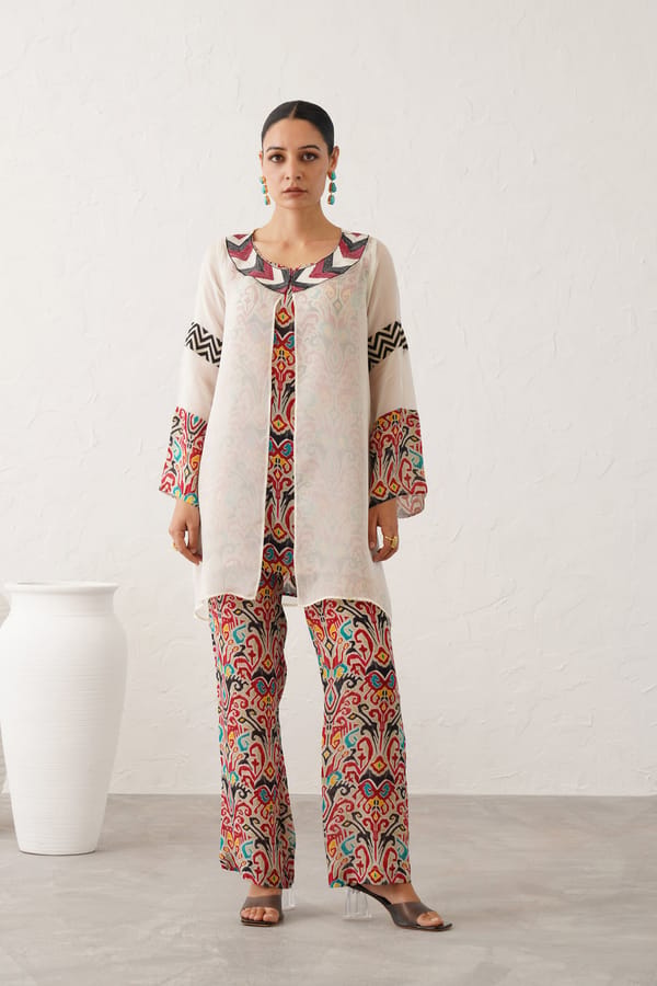 Off-White Organza Cape 3-Piece Printed Co-ord Set — NEETIKA CHOPRA