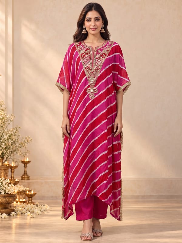 Embroidered Fabric Dabka & Thred Work Set In Rani — LAAVAN JAIPUR
