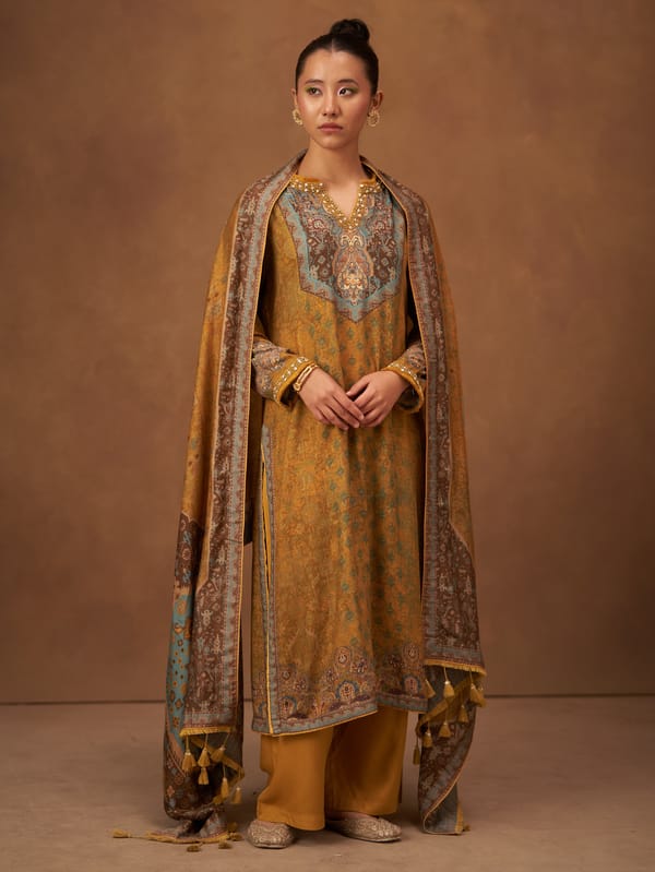 Yellow Printed Straight Kurta Set with Dupatta — SAUNDH