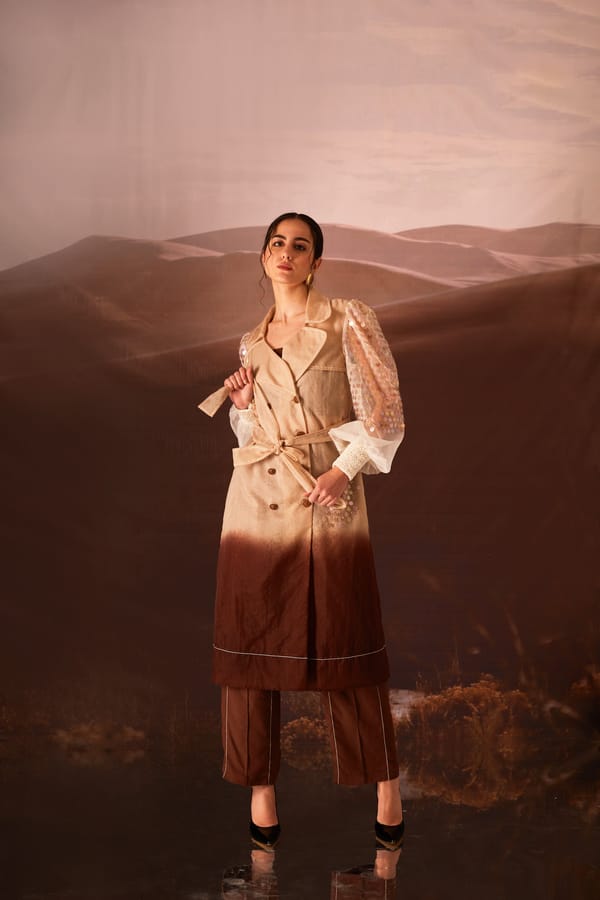 Brown/Creme Ombre Sequin Sleeve Trench Coat — An'era by Asmita Verma