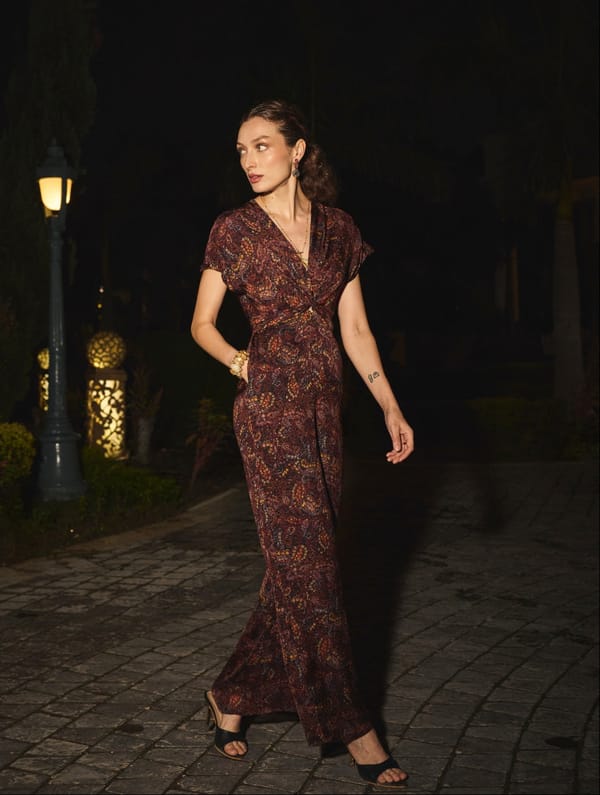 Wine Printed V-Neck Wide-Leg Jumpsuit with Knot Waist — Style Island