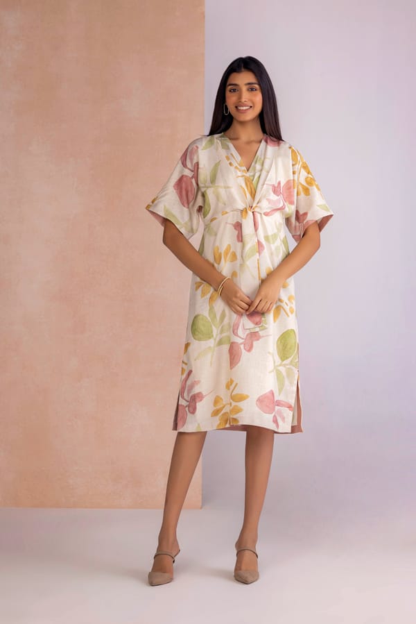 Off-White Watercolor Floral Tie-Waist Knee Dress — Kaveri