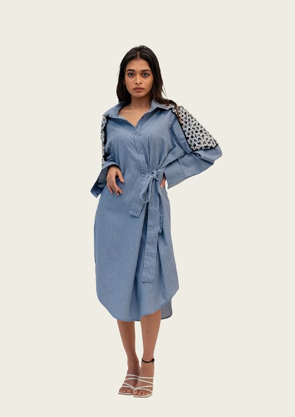 Blue and White Striped Cotton Dress with Embroidery — Richa Goenka
