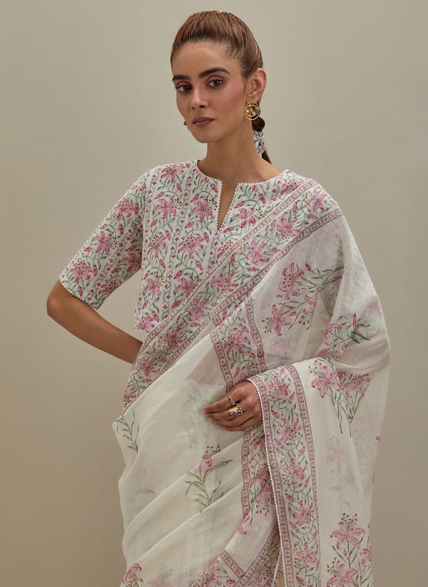Off White Cotton Blouse Block Print — Upavita