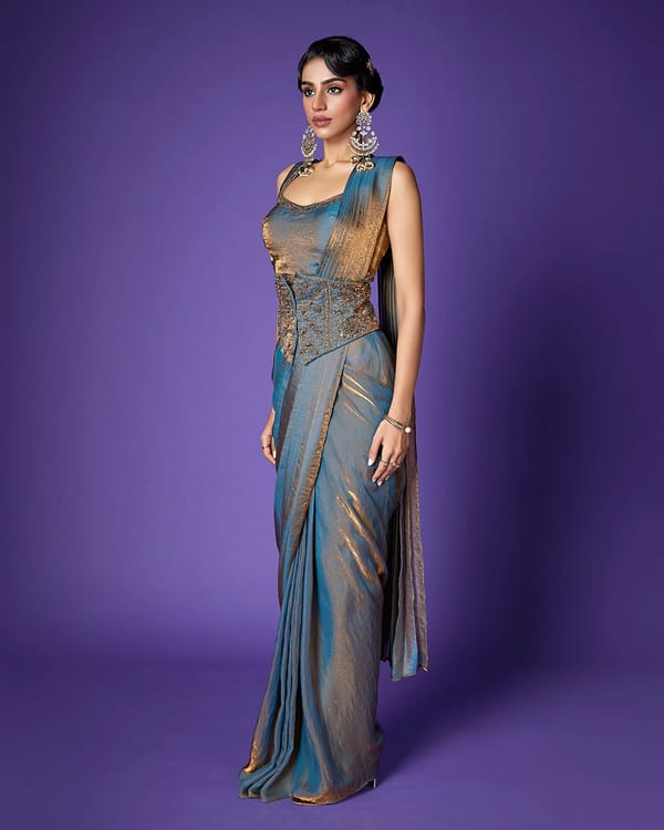 Twilight Dusk Shimmer Tissue Saree with Corset Belt — QUNIC