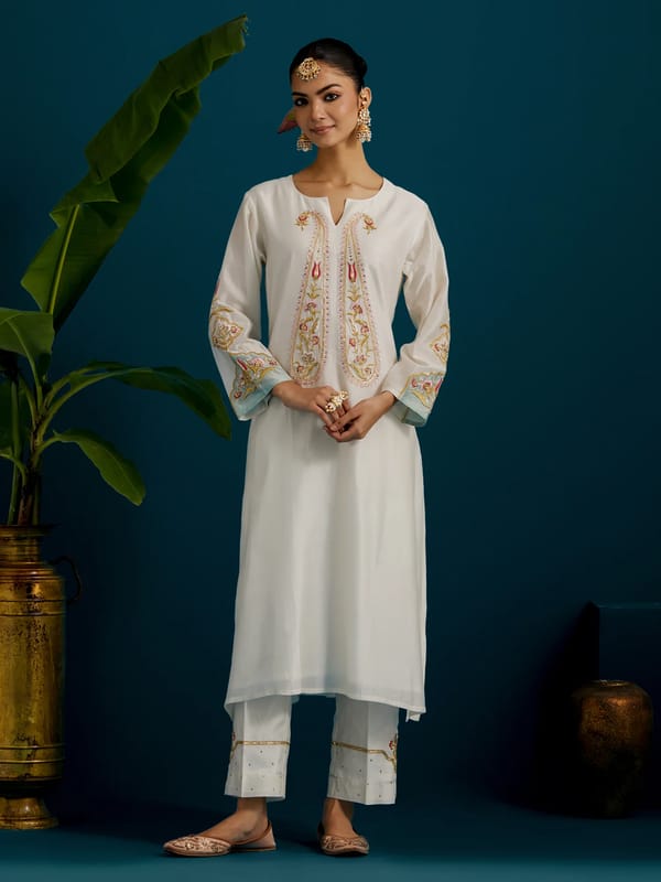 Ivory Silk Chanderi Embroidered Kurta and Pant Set — Anantaa