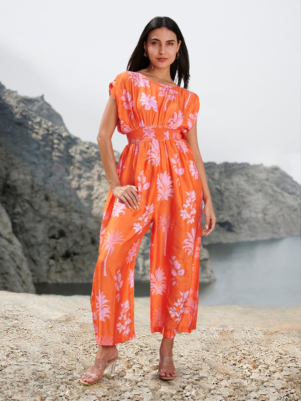 Orange Silk Floral Print Smocked Waist Jumpsuit — House of Soi