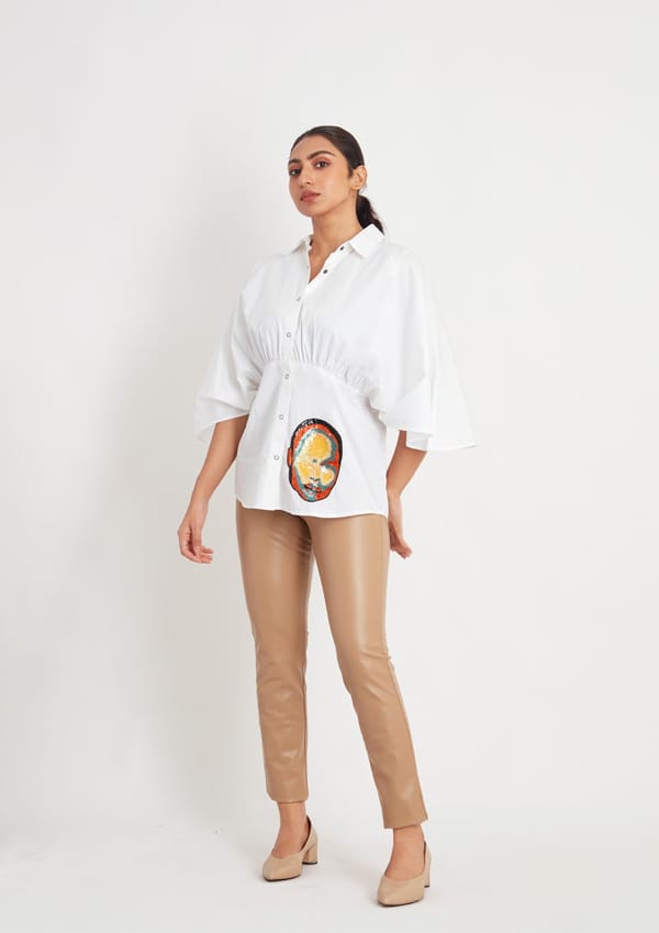 White Comfort Fit Cotton Shirt with Pleated Waist and Embroidery — Richa Goenka
