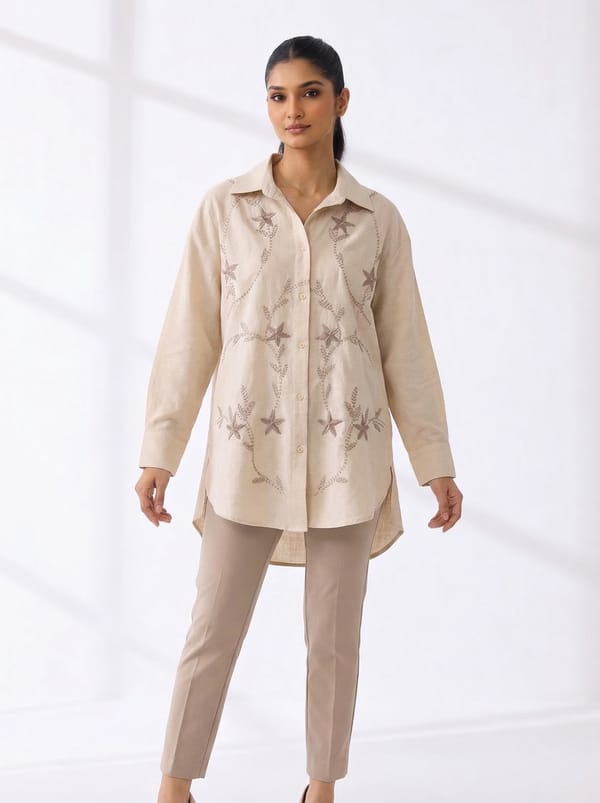 Stone Beige Embroidered Longline Cotton Shirt — AYRISS