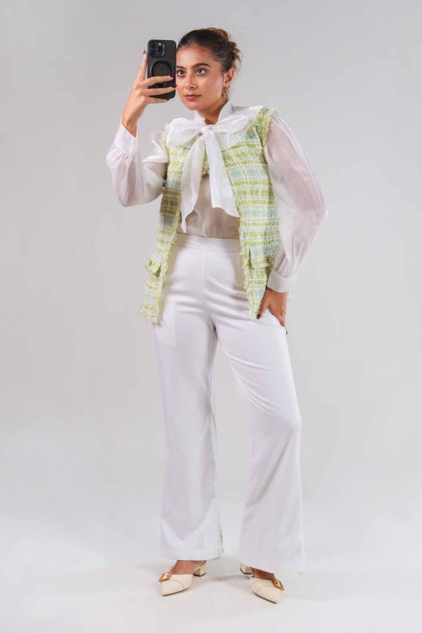 Mint Tweed Bow-Tie Shirt and Flared Trouser Co-ord Set — 9899