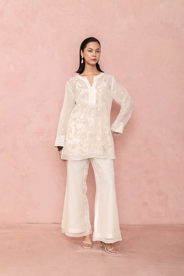 Ivory Sheer Organza Schiffli Tunic and Flared Pants Set — LABEL NAARITI