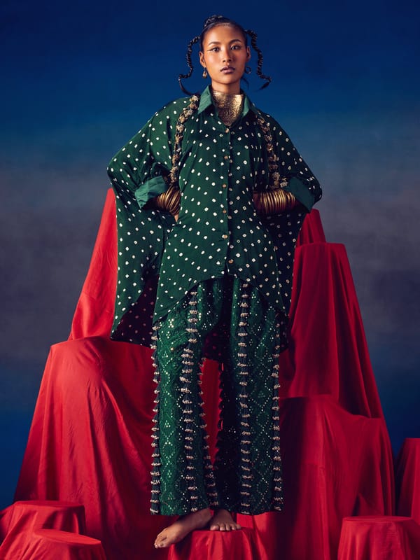 Green Bandhani Print Kaftan Shirt and Wide-Leg Co-ord Set — 5 Elements