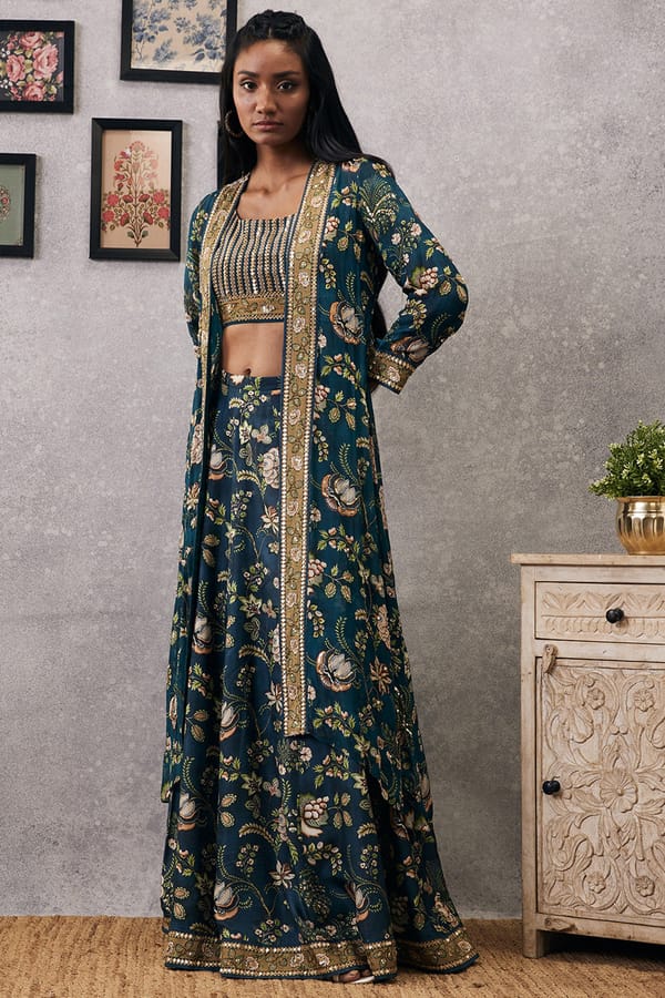 Green Floral Print Lehenga Set with Long Jacket — SOUP by Sougat Paul