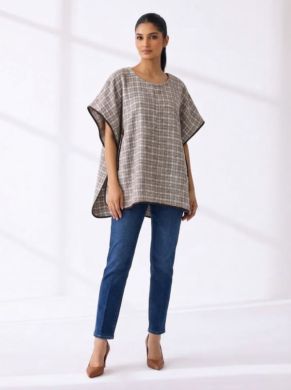 Brown Merino Wool Checked Cape with Tie Belt — YELL