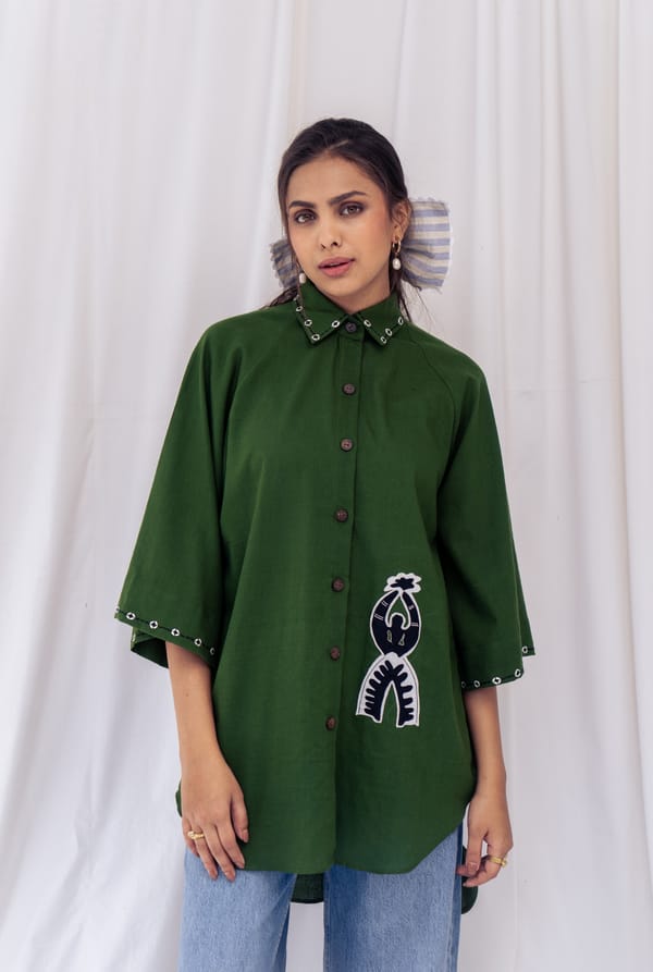 Green Oversized Kala Cotton Shirt with Applique Detail — JODI