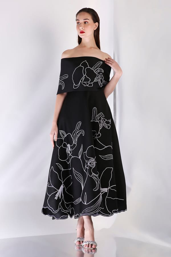 Black Neoprene Off-Shoulder Fit and Flare Midi Dress — OZEQO