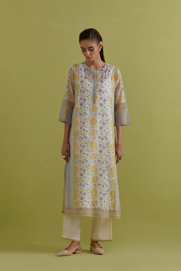 Off White Cotton Chanderi Kurta Pant — Upavita