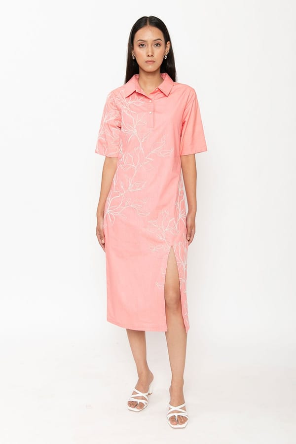 Pink Polo Collar Midi Dress with White Embroidery — Contemponari