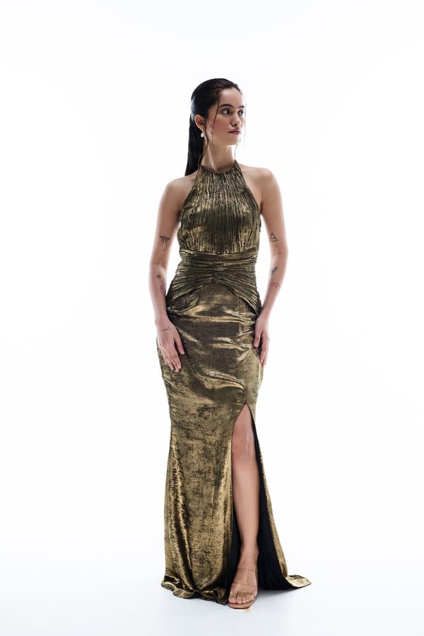 Metallic Gold Halter Neck Ruched Maxi Gown — GKDedit