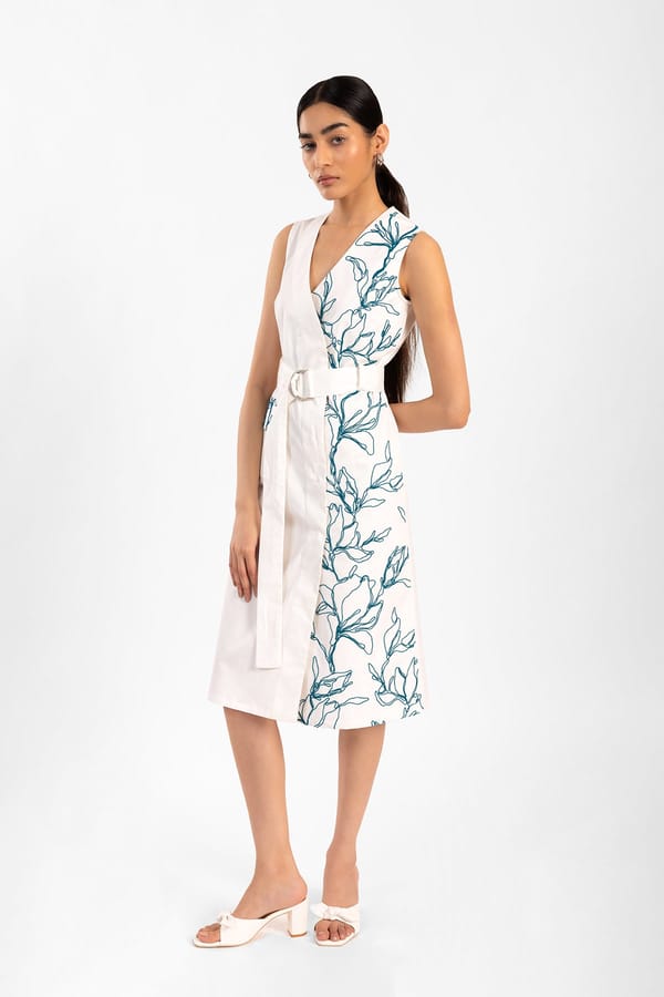 White Belted Sleeveless Midi Dress with Teal Embroidery — Contemponari