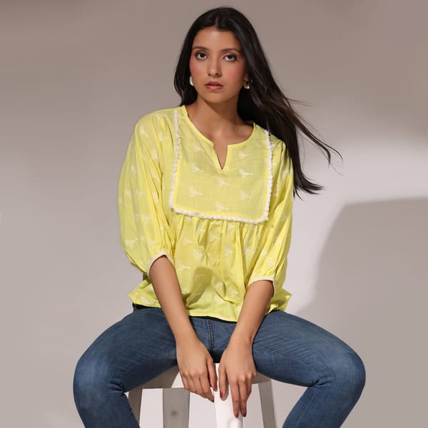 Lime Bird Print Oversized Cotton Top with Yoke Detail — Brand New Brand