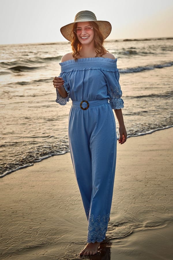 Soft Blue Off-Shoulder Cotton Jumpsuit — BOHO-CHIC
