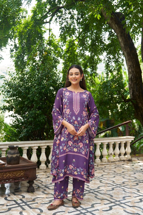 Purple Floral Printed Straight Kurta Set with Dupatta — NARAYANI VASTRA
