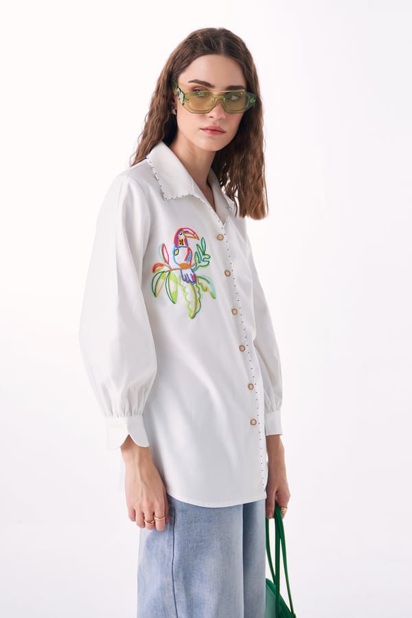 White Cotton Denim Shirt with Bird Embroidery — Our Love