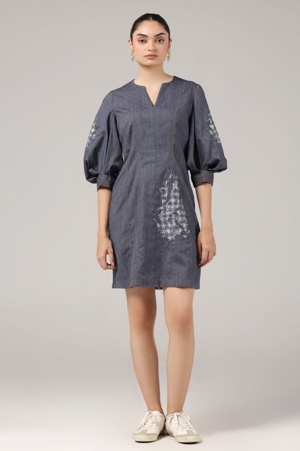 Denim Blue Embroidered Puff Sleeve Short Dress — Truly SMA
