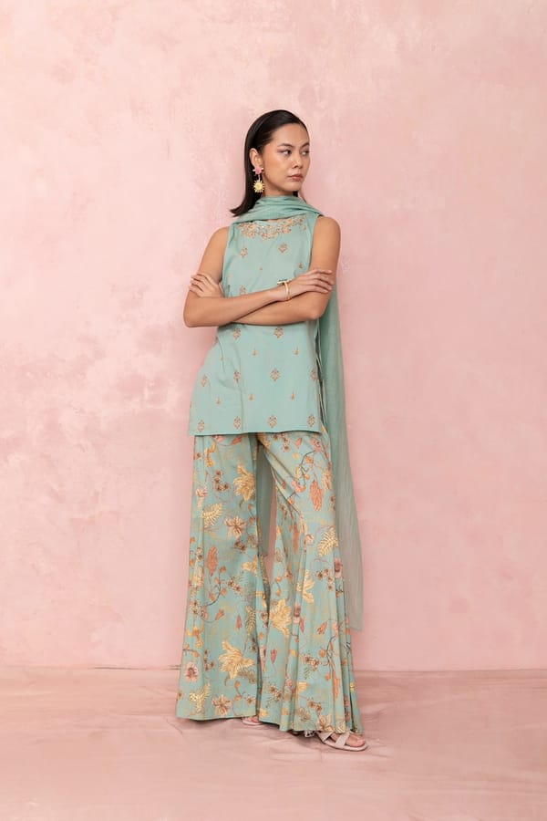 Sky Blue Floral Cotton Kurta Set with Flared Pants — LABEL NAARITI