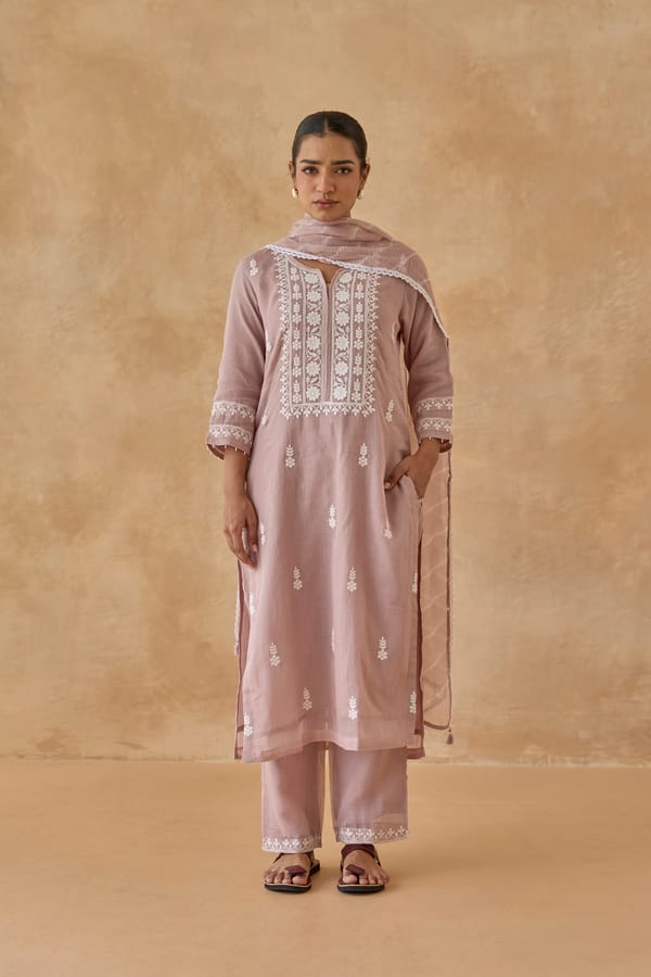 Rose and White Embroidered Straight Kurta Set — CHHIPA JAIPUR