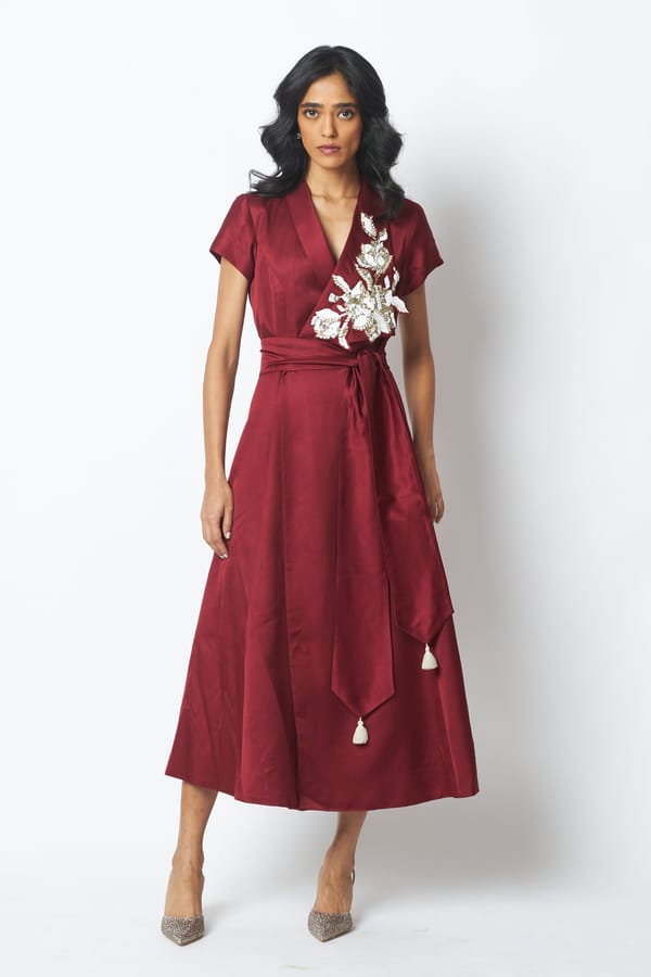 Burgundy Satin Wrap Midi Dress with Floral Applique — Madder Much