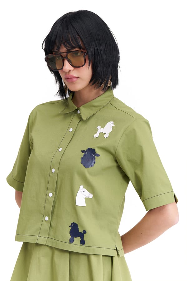 Golden Lime Cropped Cotton Twill Shirt with Appliqué Motifs — Our Love