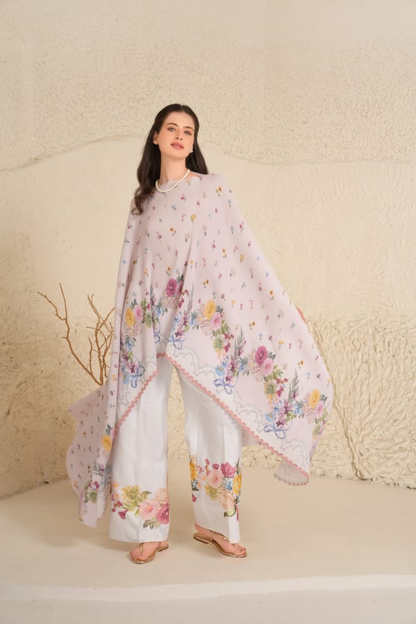 Blush Pleated Floral Cape and Trouser Co-ord Set — Moh India